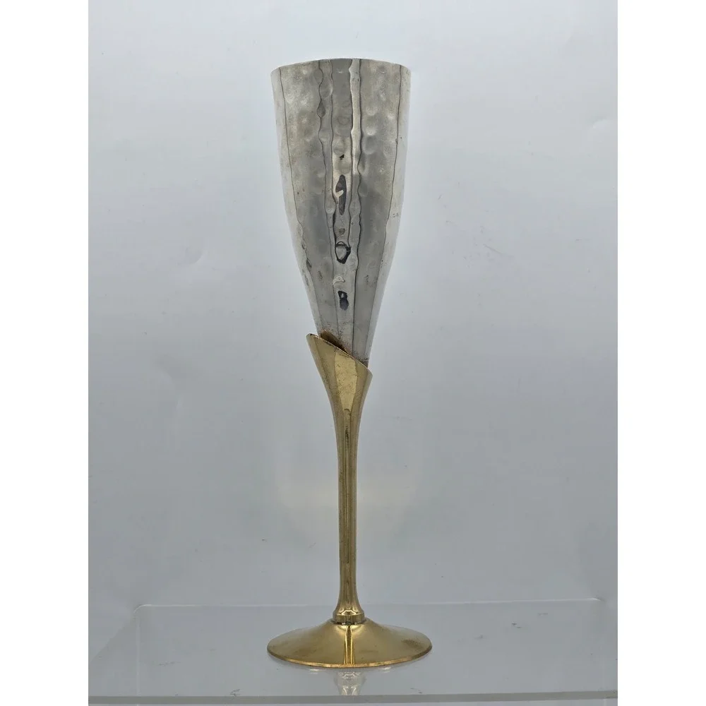 Engraved Brass Goblet Champagne Glass Flute‎ - Silver And Gold Tone